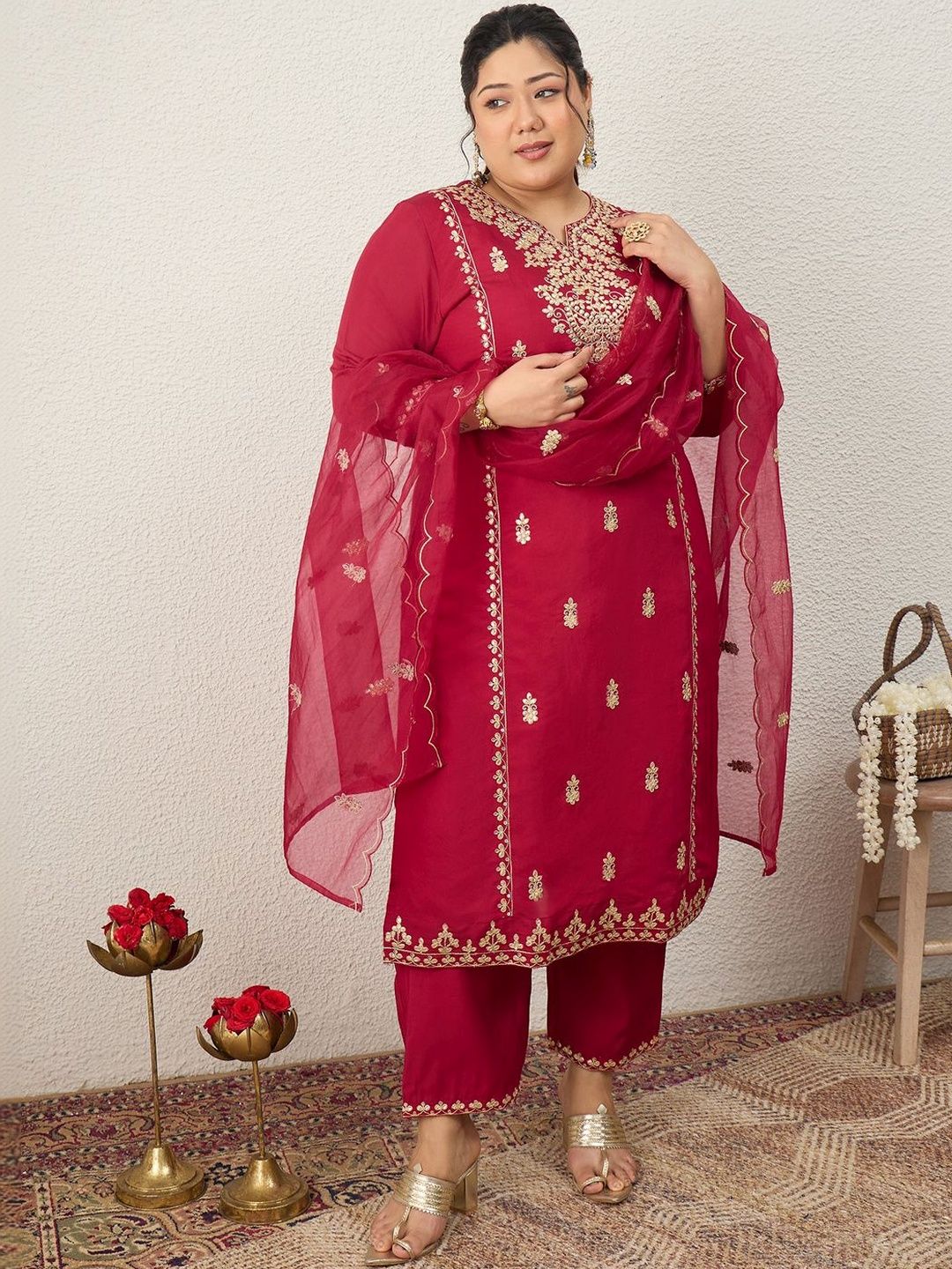 Indyancart Women's Ethnic Motifs Embroidered Regular Kurta with Trousers & With Dupatta