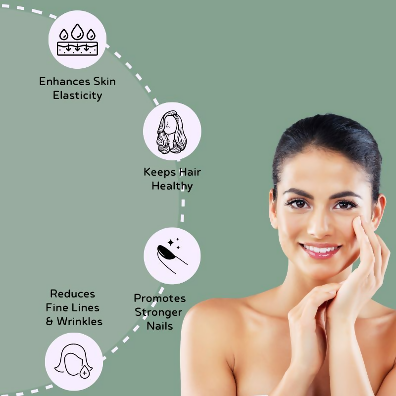 Inja Beauty Collagen skin supplement with biotin, vitamin C, glutathione in orange flavor, showing a bottle and orange slices.
