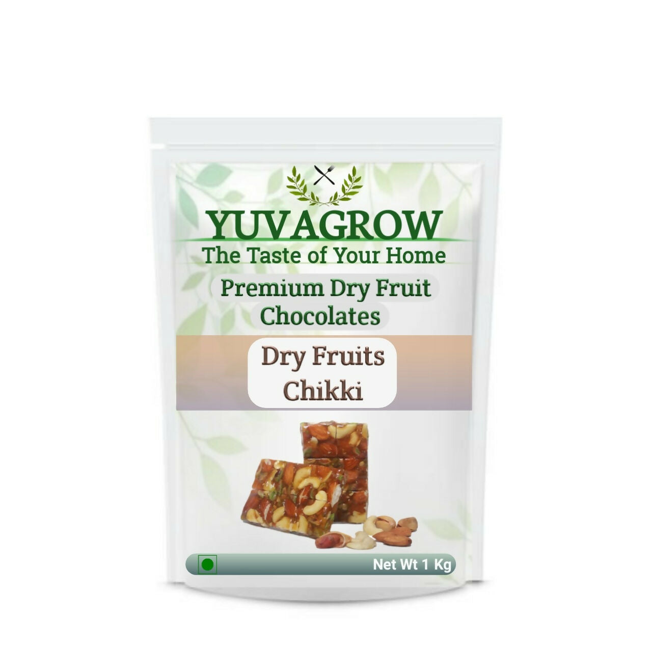 Yuvagrow Dry Fruit Chikki showing golden, crunchy chikki with visible nuts and dried fruit pieces on a clean surface.