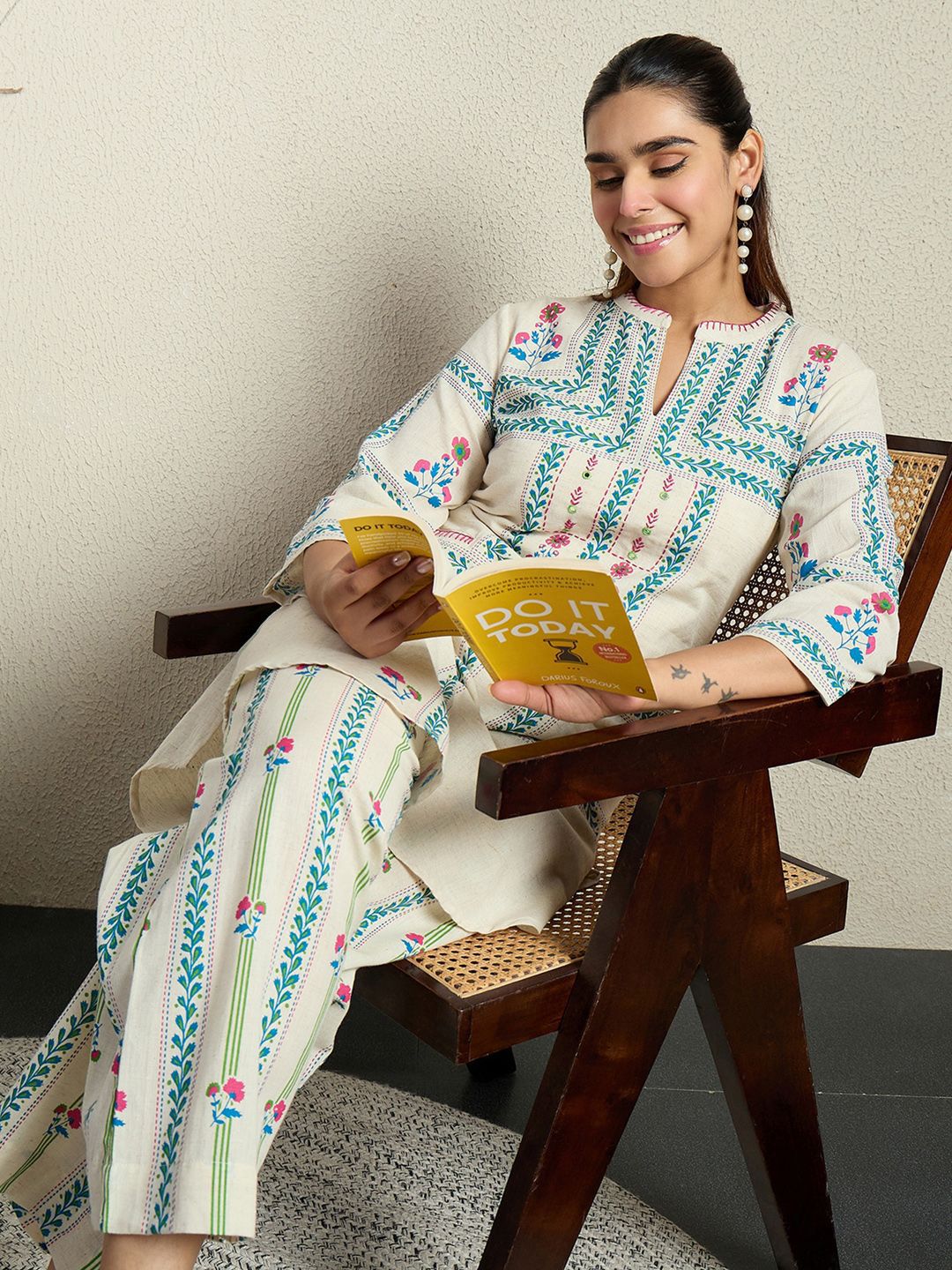 Dhiyona IE Printed Pure Cotton Top With Trouser Co-Ords