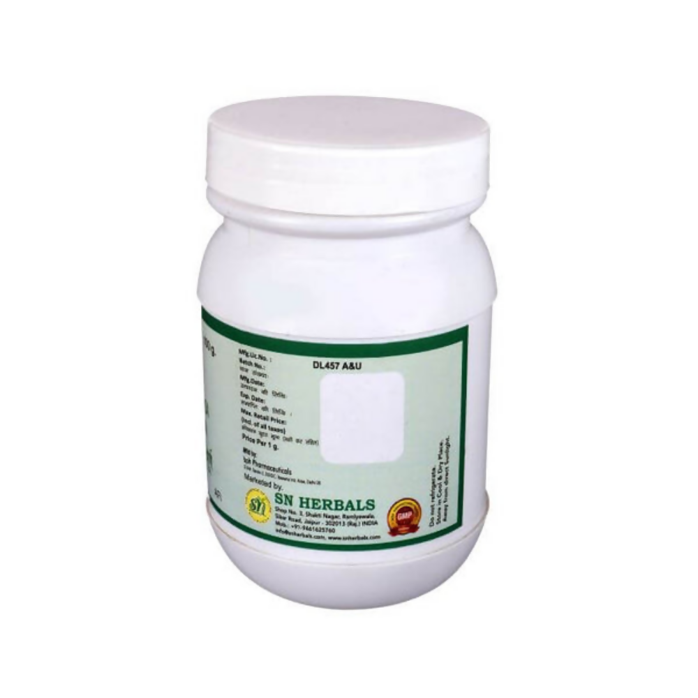 SN Herbals Phaltrikadi Kwath Churna Ayurvedic powder in a glass jar with spoon, traditional herbal supplement for wellness.