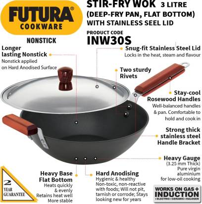 Hawkins Futura Stir Fry Wok with Stainless Steel 27 cm Diameter 3 L (INW30S)