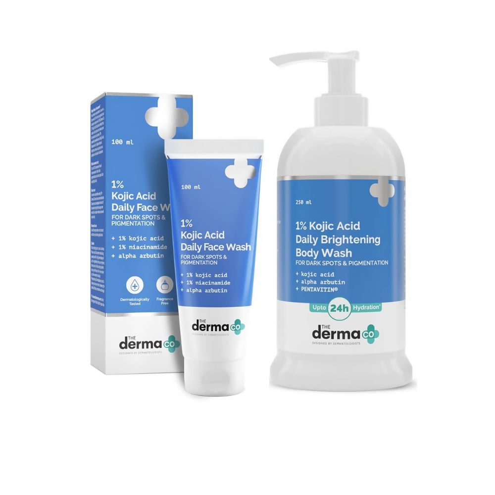 The Derma Co 1% Kojic Acid face wash and body wash combo bottles for brightening skin, displayed side by side.