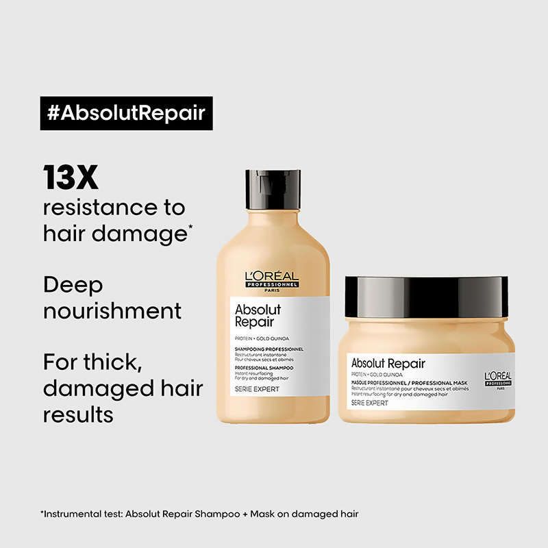 L'Oreal Paris Absolut Repair shampoo and hair mask from Serie Expert, featuring creamy textures for damaged hair care.