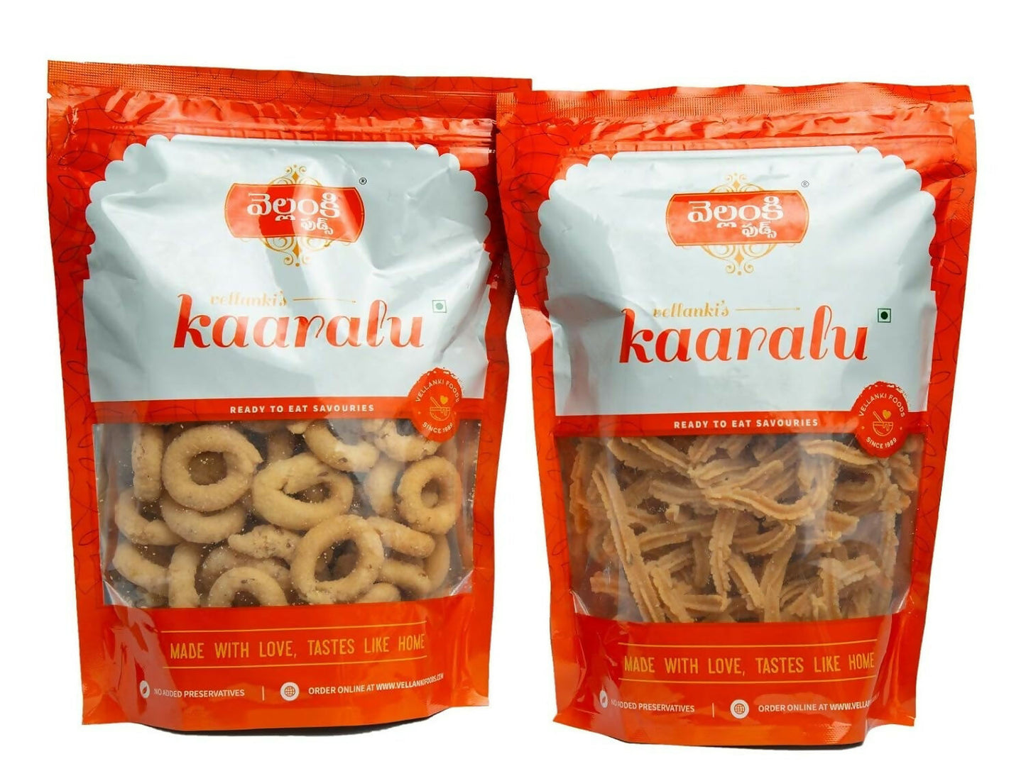 Vellanki Foods Andhra Snacks Combo with Muruku and Chegodi, North Indian crispy snack varieties in 500g packs each.