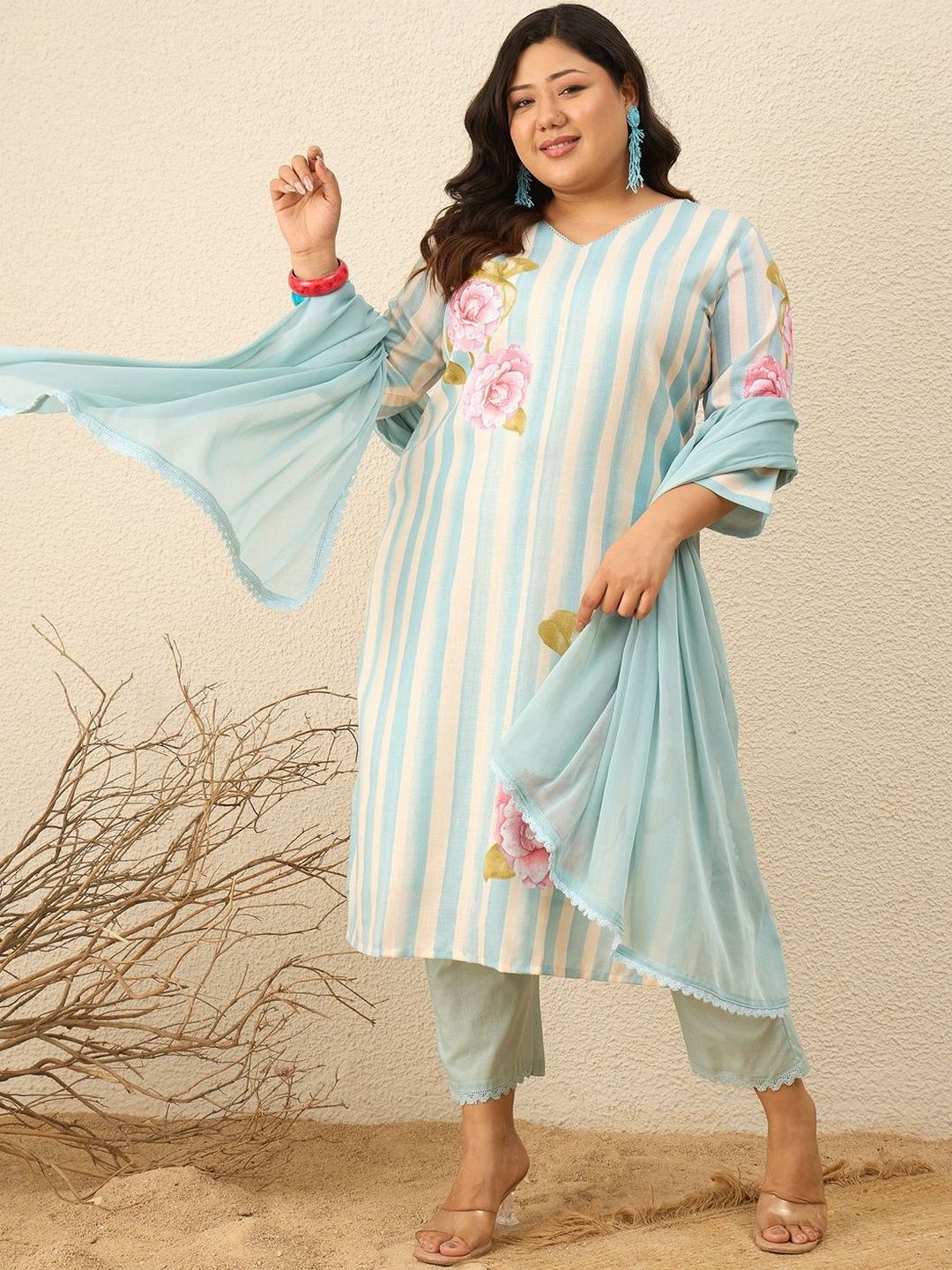 Indyancart Women's Floral Printed Regular Kurta with Trousers & With Dupatta