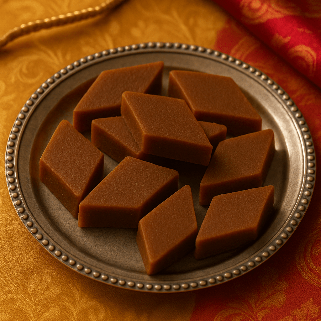 Shree Mithai Karupatti Kaju Katli, North Indian sweet with cashew and palm jaggery, displayed on a plate with decorative elements.