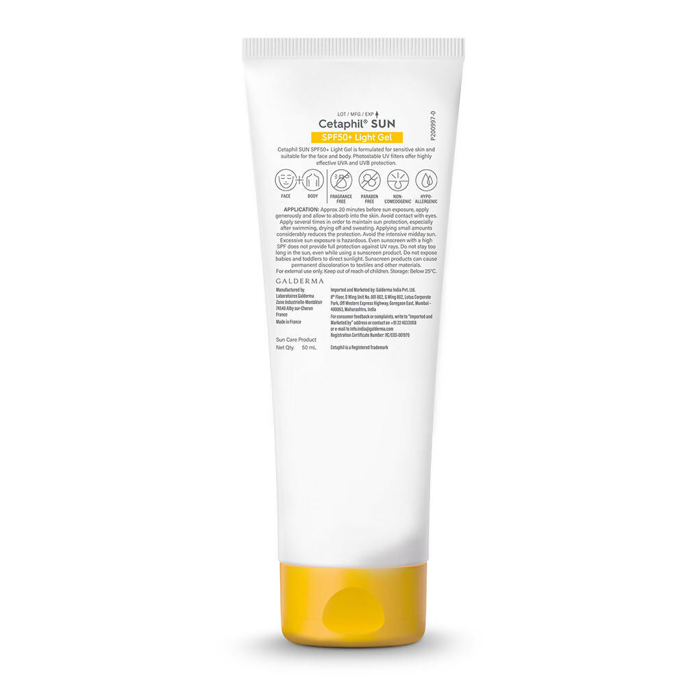 Cetaphil Sun SPF 50 Light Gel Mineral Sunscreen for normal, dry, and oily skin, shown in a white tube with a blue cap.