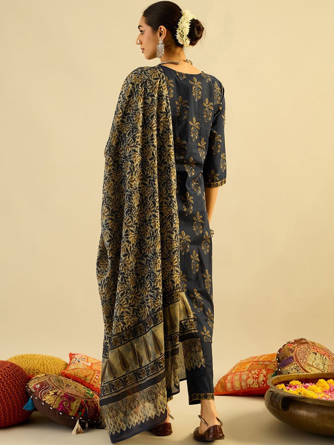 Dhiyona IE Navy Blue Floral Printed V-Neck Pure Cotton Kurta with Trousers & Dupatta