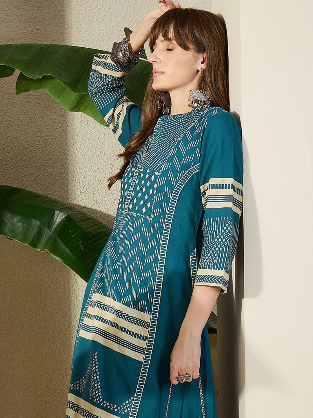 Women Pure Cotton Printed A-Line Kurta & Trousers