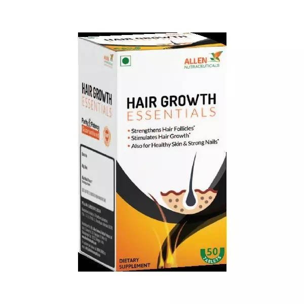 Allen Homeopathy Hair Growth Essentials Tablets shown in a blister pack, natural homeopathy remedy for promoting hair growth.