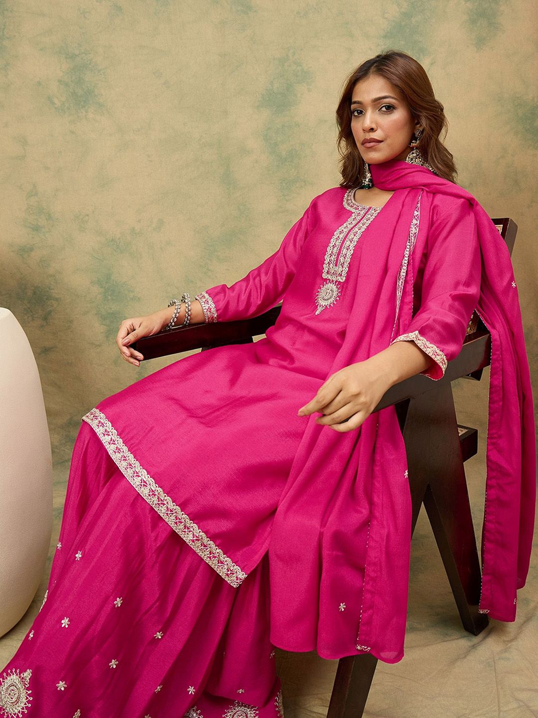 Indyancart VA Women Ethnic Motifs Yoke Design Regular Kurta With Sharara & Dupatta