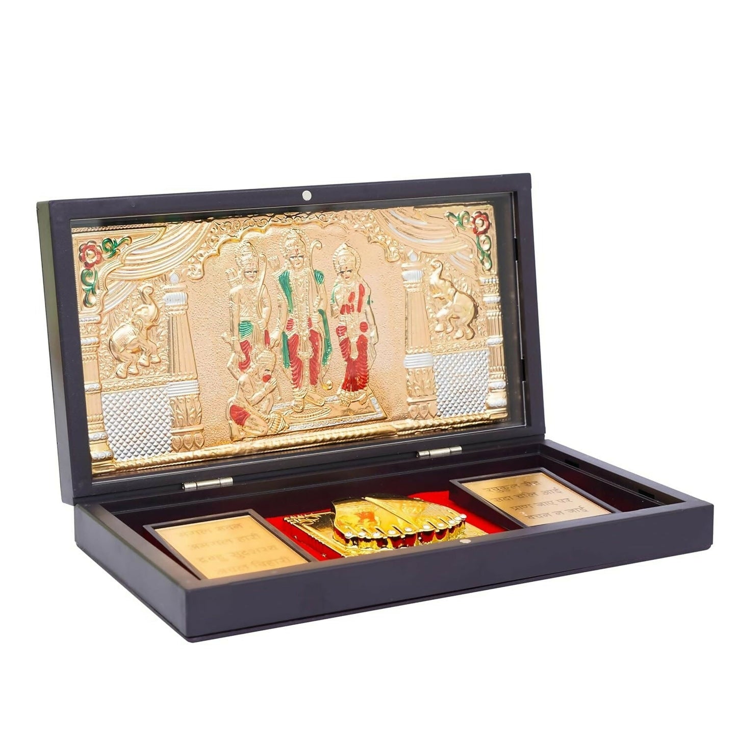 Gold-polished Lord Ram Darbar idol with Charan Paduka in a decorative photo frame, showcasing intricate craftsmanship and divine imagery.