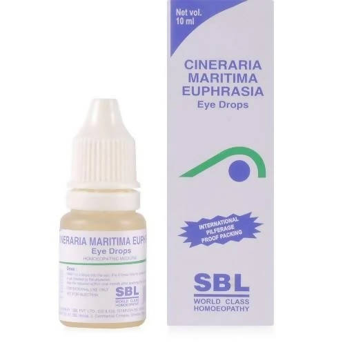 SBL Homeopathy Cineraria Maritima Euphrasia Eye Drops bottle with dropper for natural eye care, labeled as homeopathy drops.