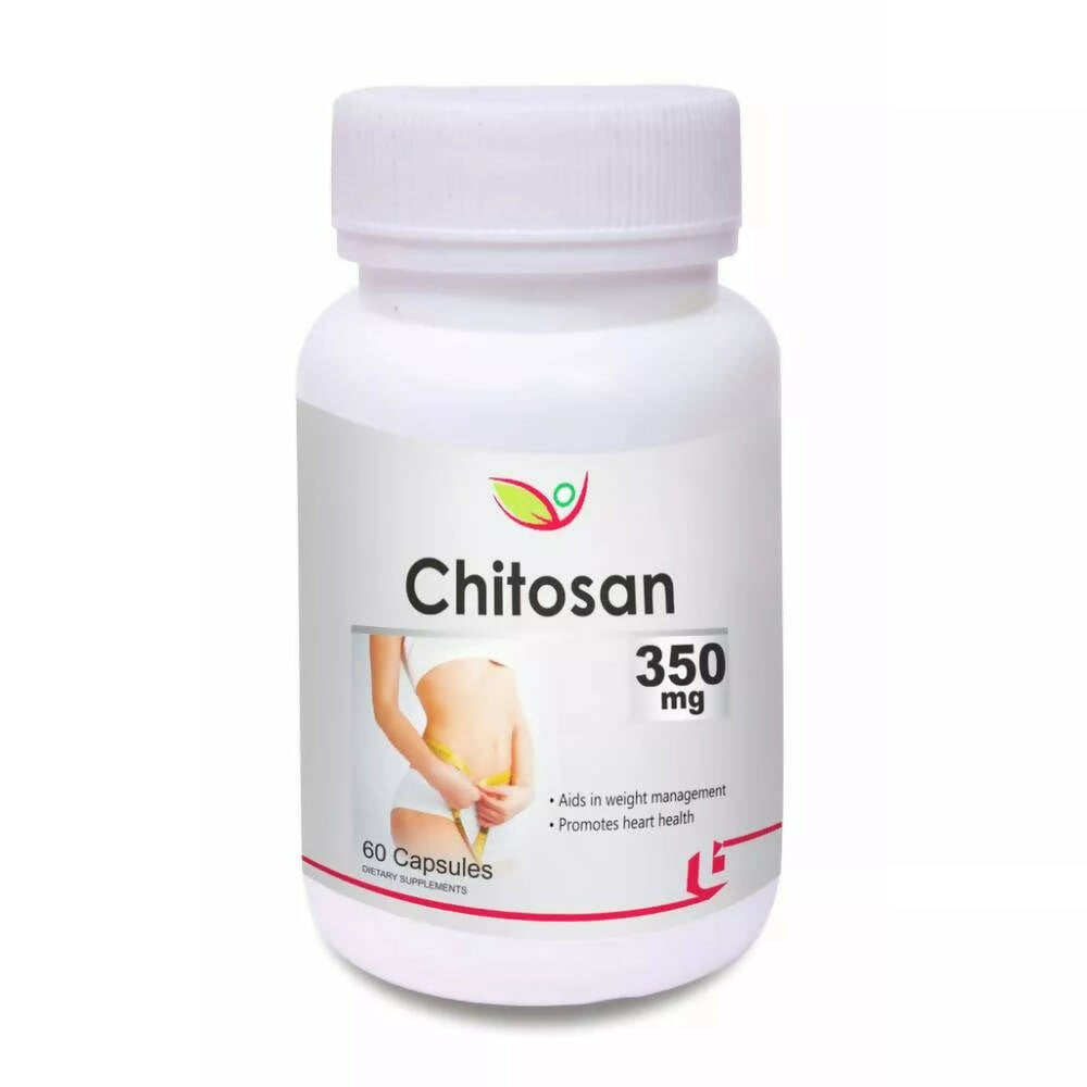 Biotrex Chitosan 350mg Ayurvedic capsules in a bottle with capsules visible inside.