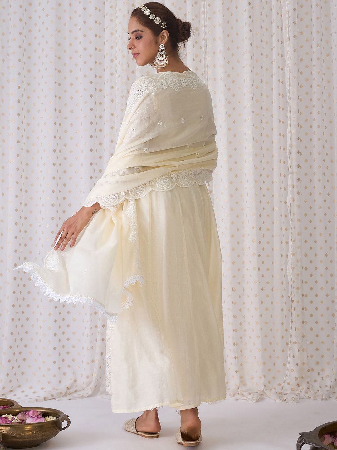 Indyancart IE Embroidered A-Line Mirror Work Pure Cotton Kurta with Trousers & Dupatta