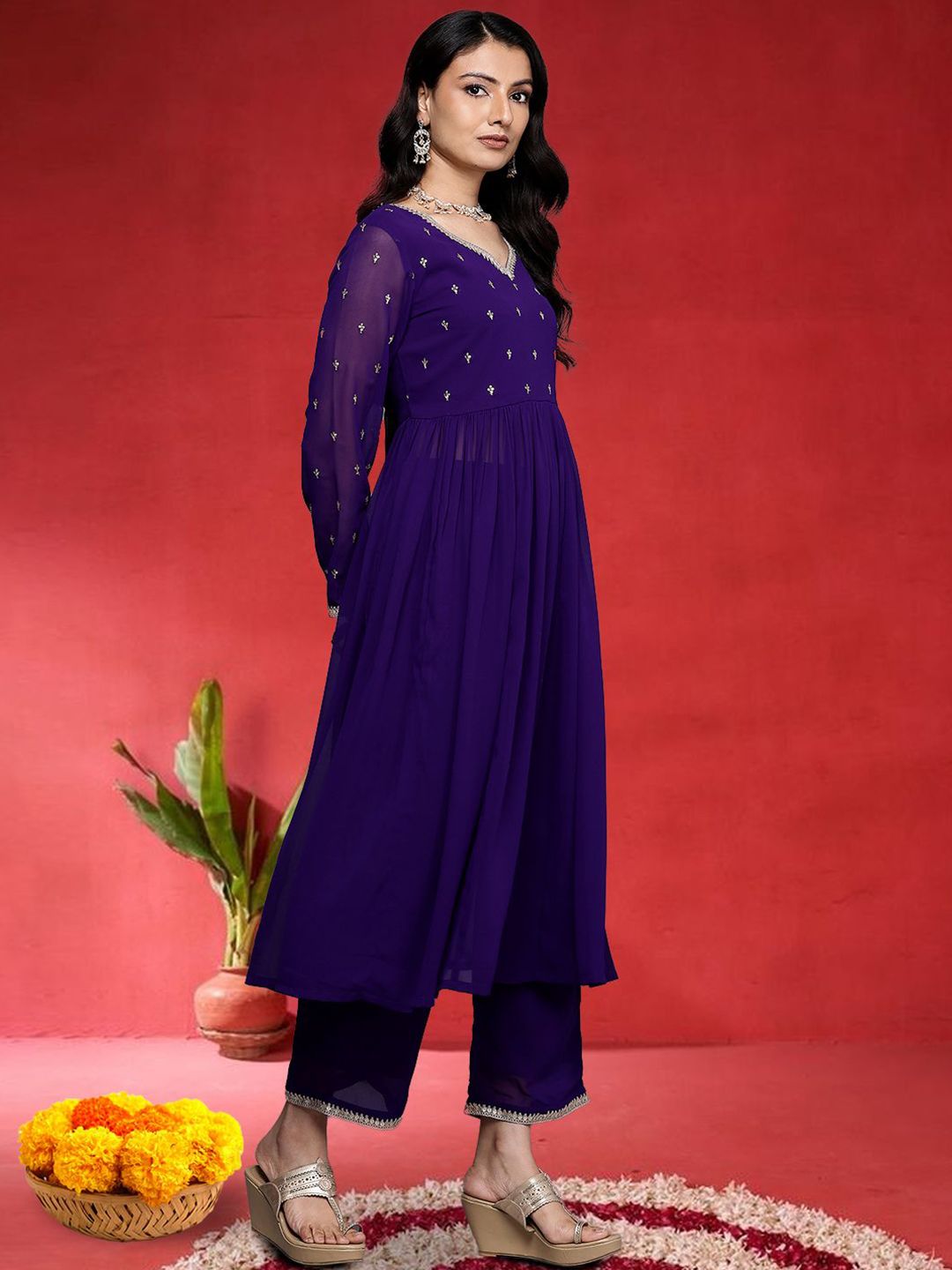 Indyancart VA Women Ethnic Motifs Embroidered Anarkali Kurta with Palazzo & Dupatta