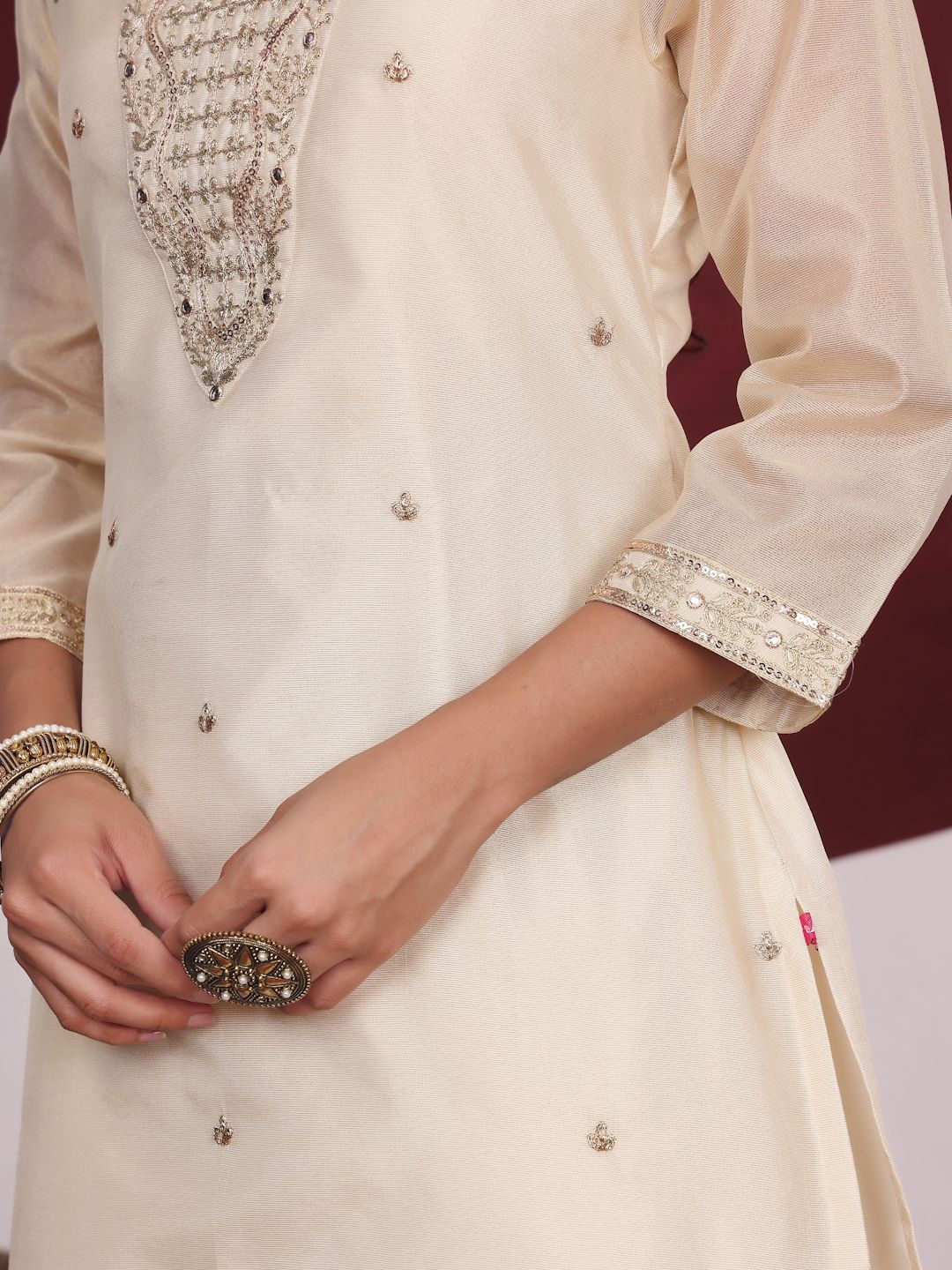 Indyancart VA Cream-Coloured Floral Embroidered Sequined Kurta With Palazzos & Dupatta