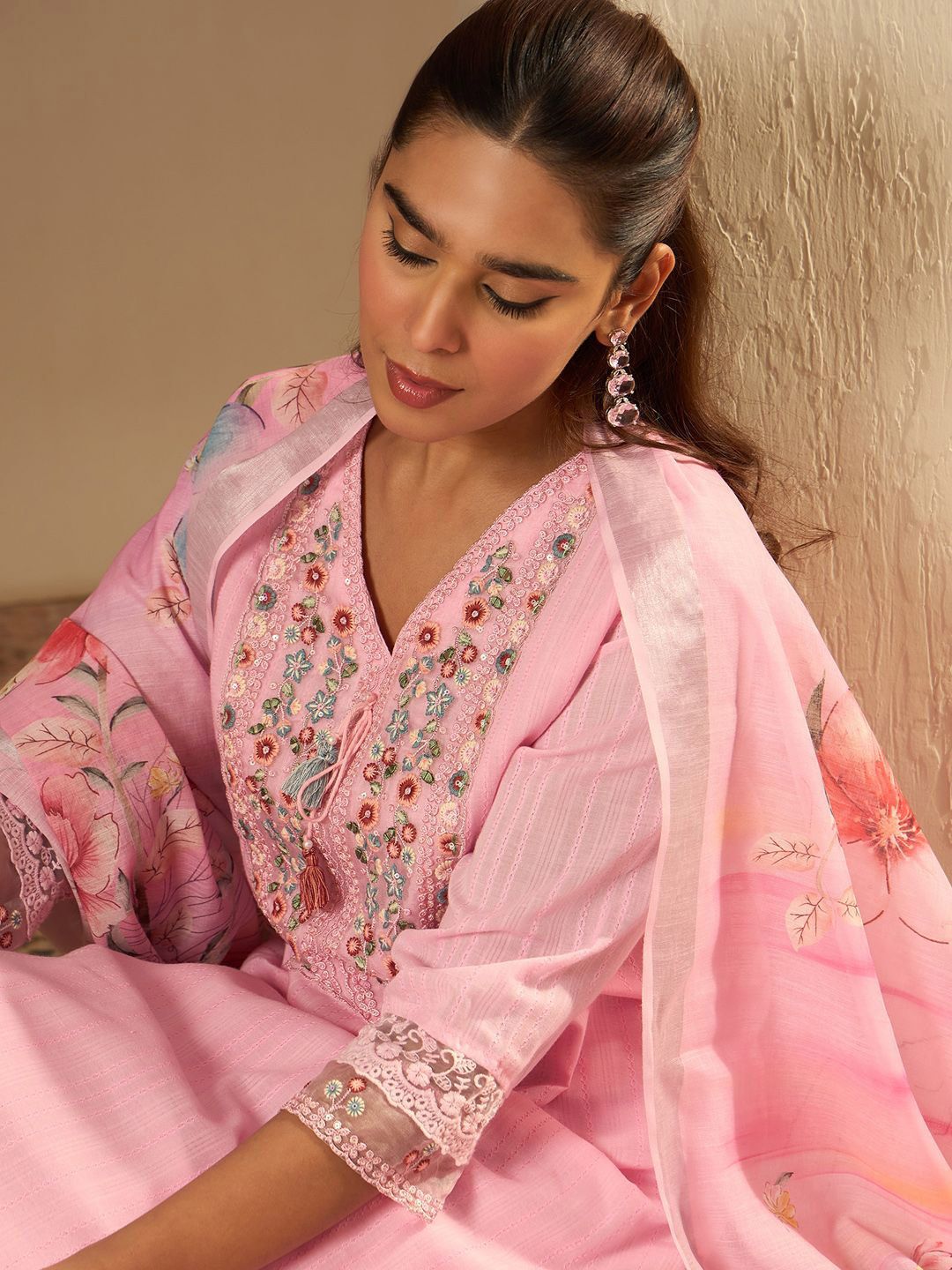 Dhiyona IE Floral Yoke Design Straight Thread Work Pure Cotton Kurta with Trousers & Dupatta