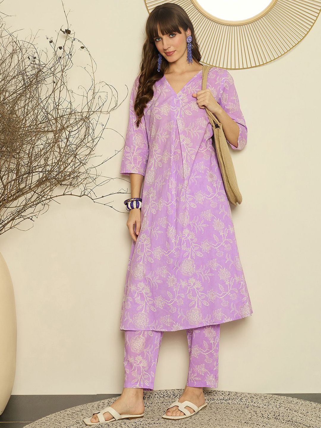 Indyancart IE Printed A-Line Pure Cotton Tunic With Trousers