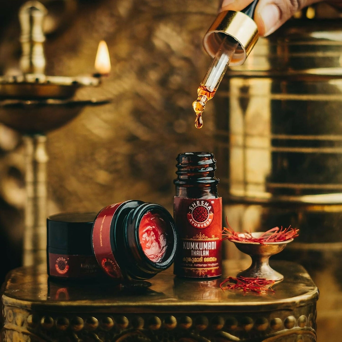 Shesha Ayurveda Kumkumadi brightening lip balm tube with natural ingredients, smooth and nourishing for soft lips.