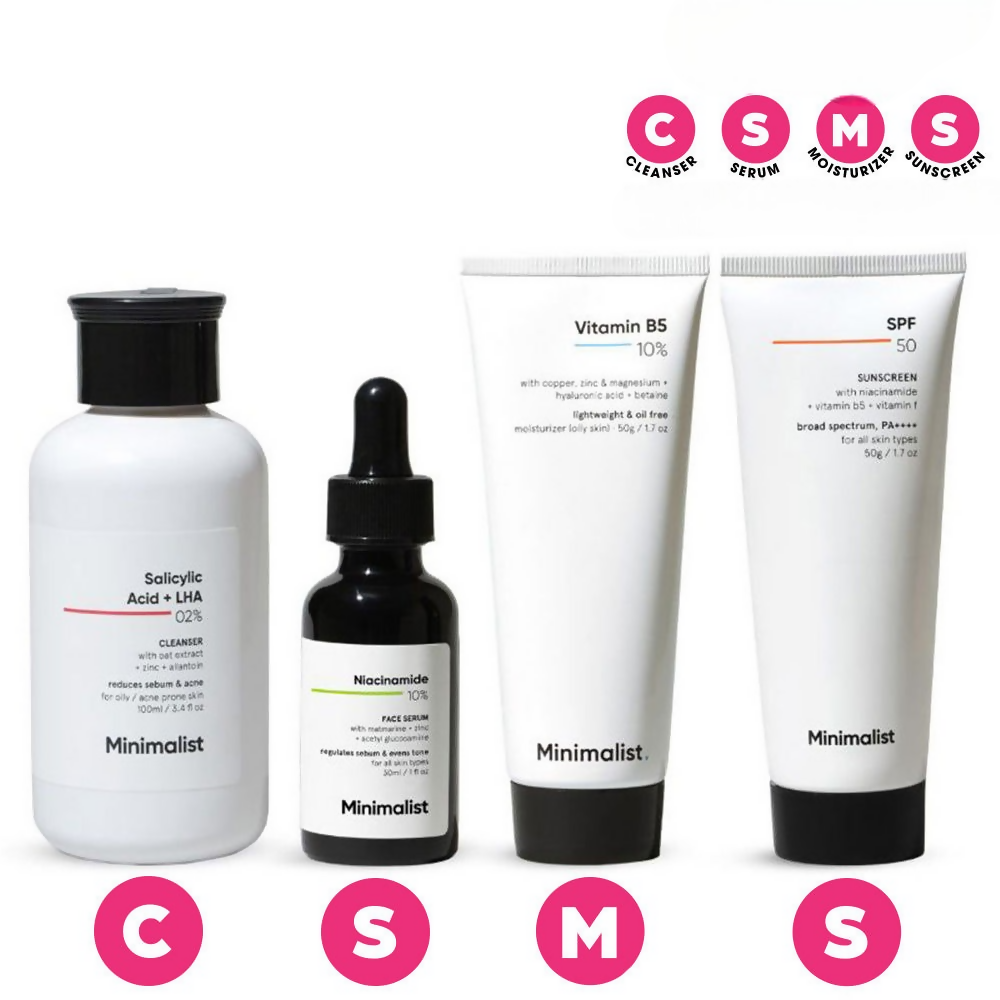 Minimalist daily skincare routine with sunscreen for oily, acne-prone skin, featuring a lightweight, protective sunscreen from the brand.