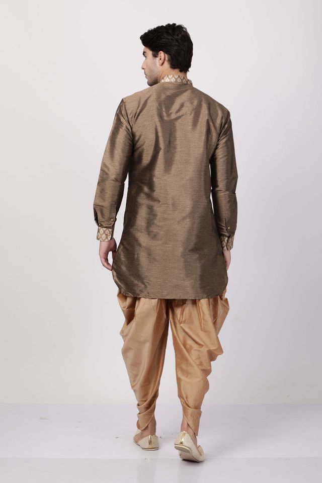 Men's Gold Silk Blend Pathani Kurta and Dhoti Set