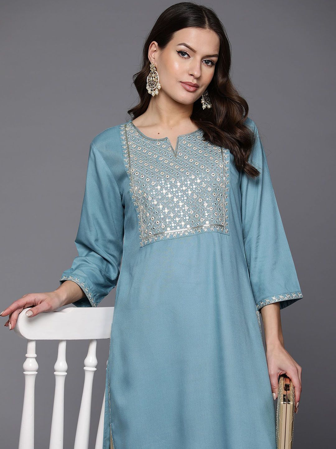 Indyancart IE Blue Notch Neck Embroidered Mirror Work Straight Kurta