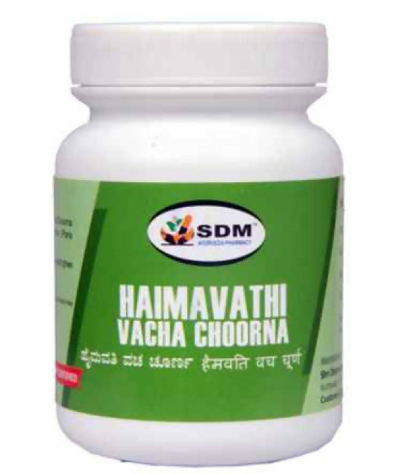 Sdm Ayurveda Haimavathi Vacha Choorna, Ayurvedic herbal powder in a traditional container, used for medicinal purposes.