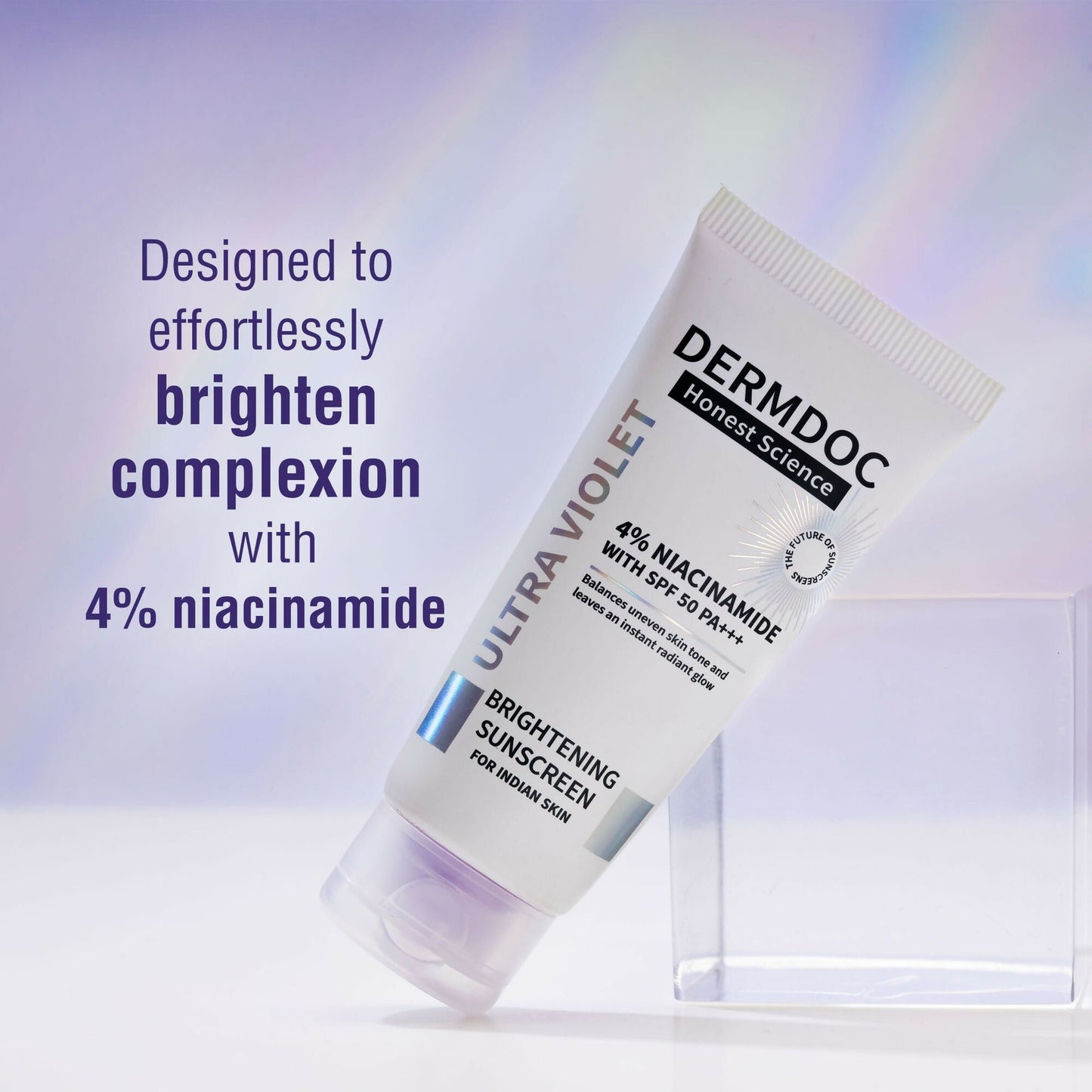 Dermdoc 4% Niacinamide SPF 50 PA+++ brightening sunscreen in a tube, designed for skin protection and glow enhancement.