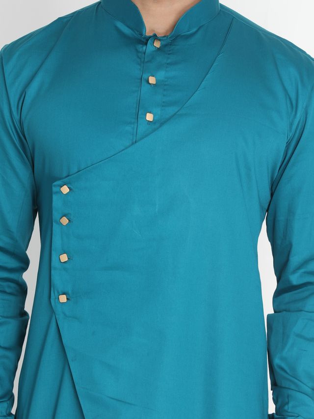 Men's Green Cotton Cotton Satin Asymmetric Kurta Pyjama Set