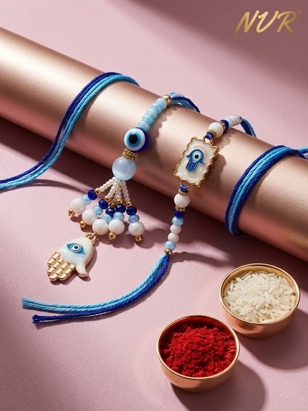 Anouk Set Of 2 Evil Eye Hand Design Bhaiya Bhabhi Rakhi With Roli Chawal Chandan Mishri