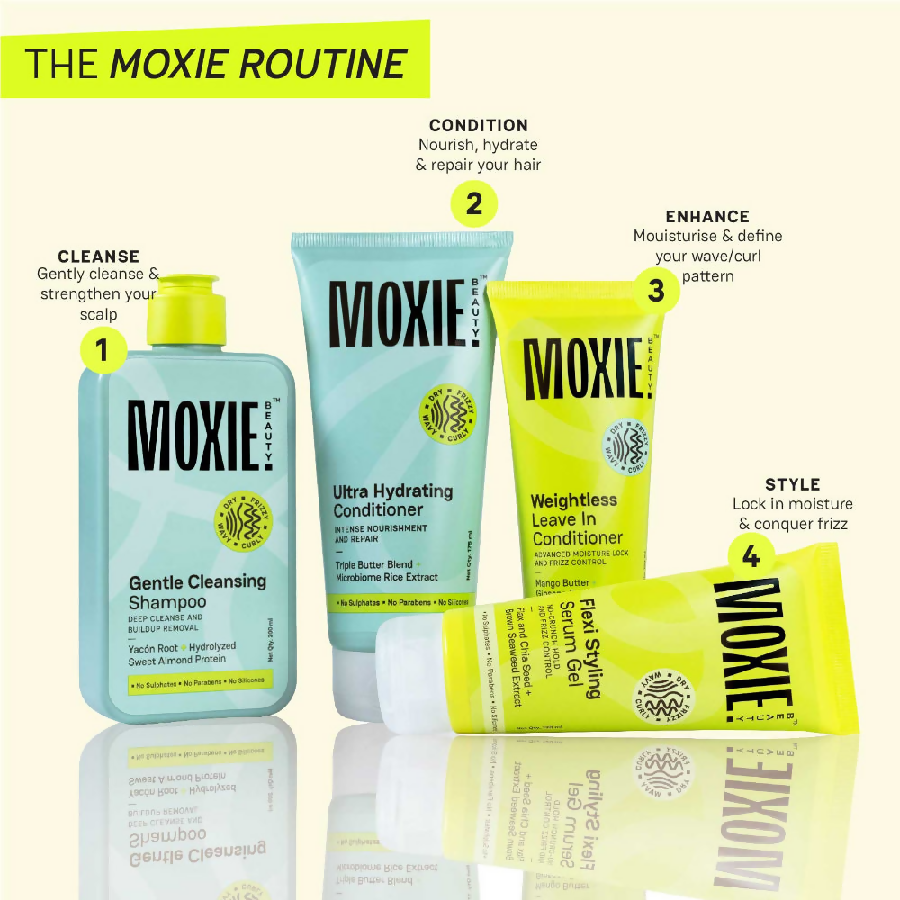 Moxie Beauty Wavy Essentials Travel Trio with conditioners in travel-sized bottles, ideal for maintaining wavy hair on the go.