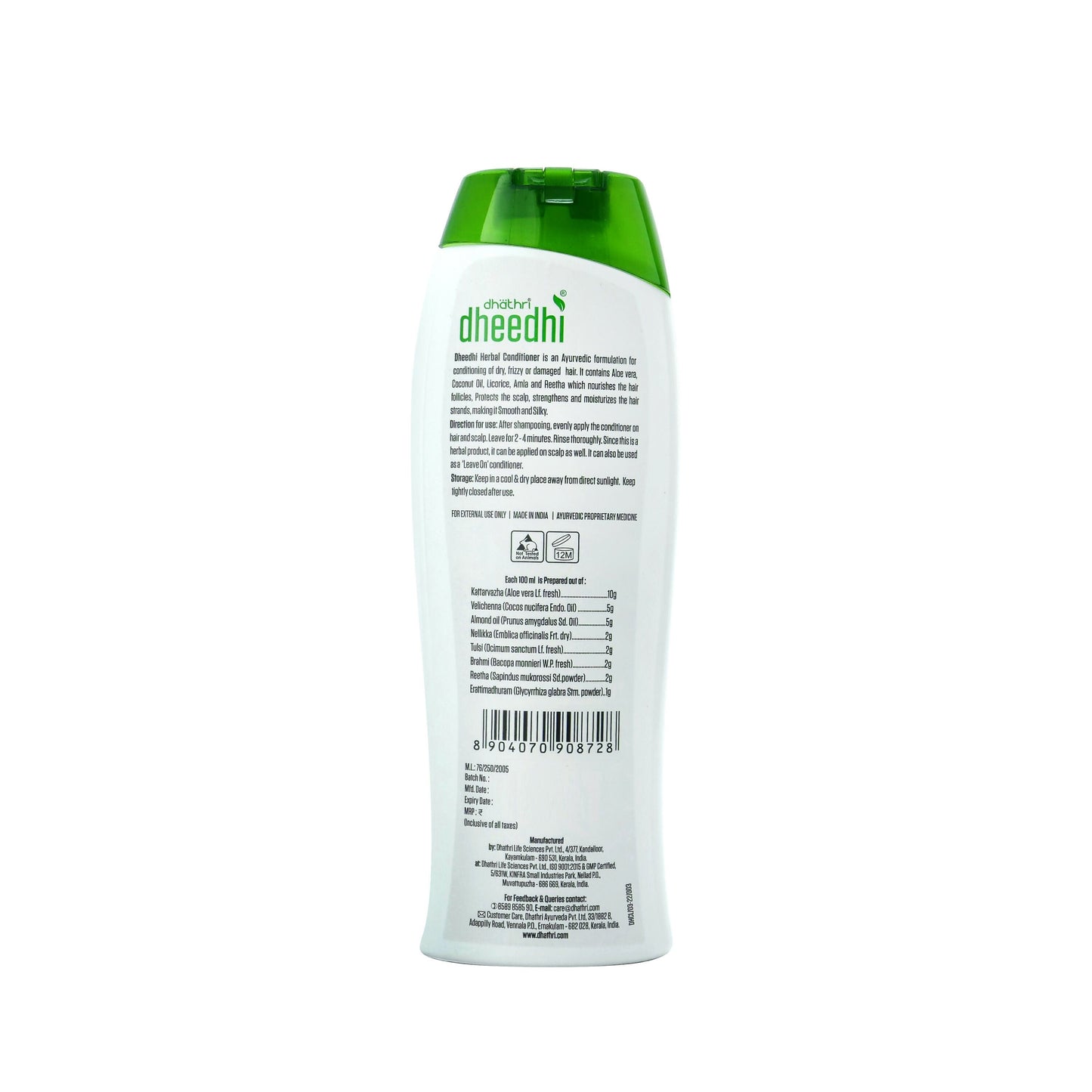 Dhathri Ayurveda Dheedhi Hair Conditioner for dry, frizzy hair with creamy texture and natural herbal ingredients.