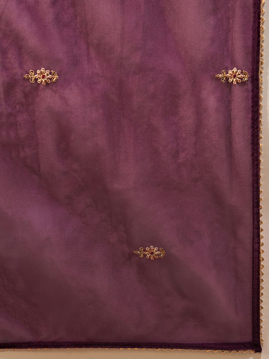Indyancart IE Burgundy Floral Embroidered Straight Kurta with Trousers & Dupatta