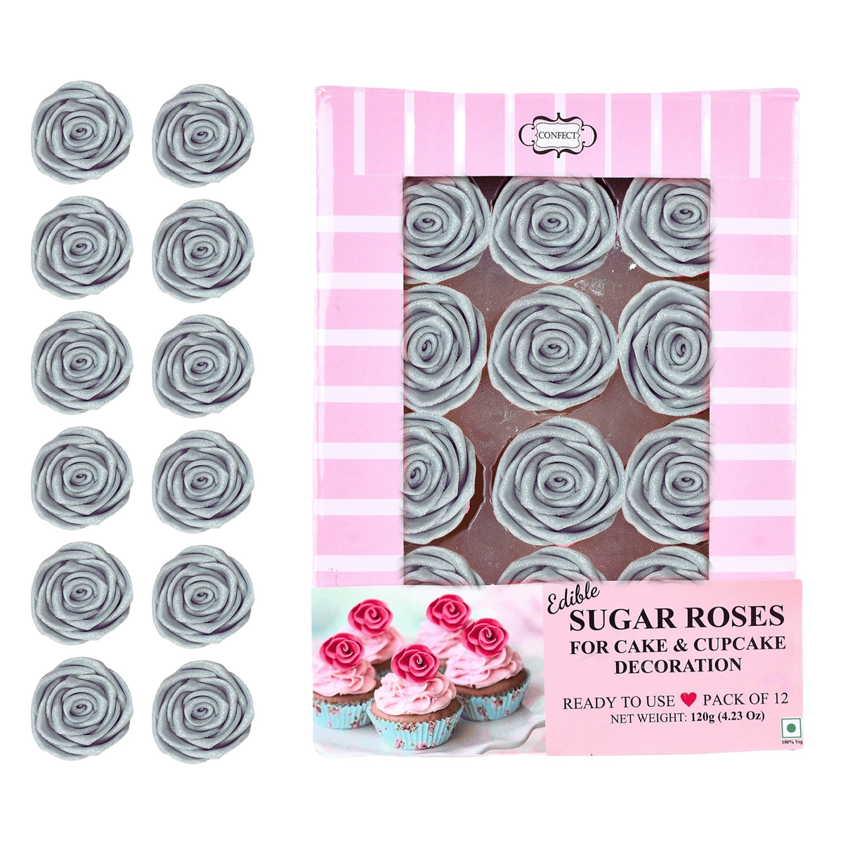 Confect Silver | Edible Metallic Sugar Roses Topper
