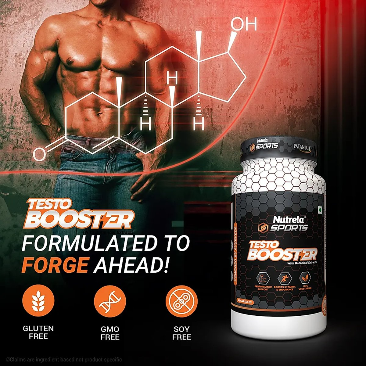 Patanjali Nutrela Sports Testobooster Ayurvedic powder in a jar with the label visible, designed to enhance stamina and strength.