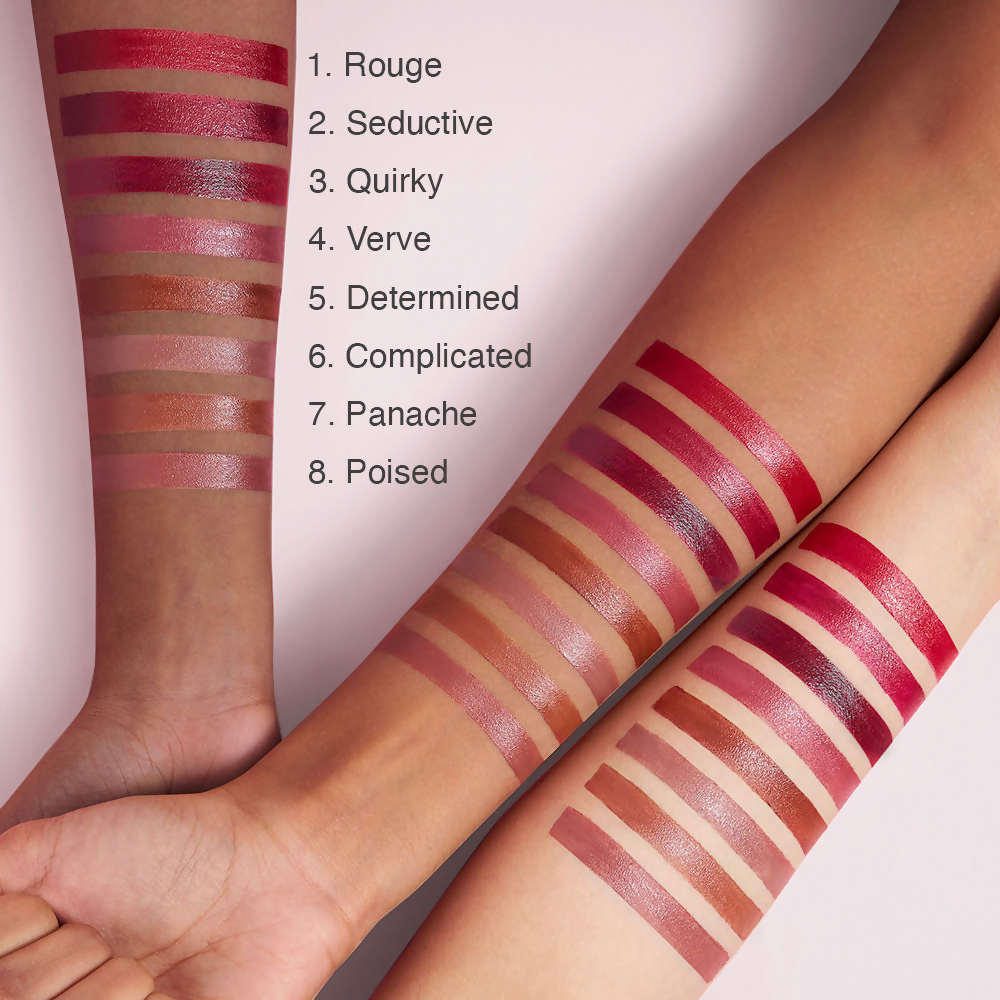 Kay Beauty Hydra Creme Hydrating Full Coverage Lipstick in Panache shade, showing the lipstick tube and swatched color.