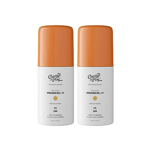 Chemist at Play UnderArm Roll-On cream, fragrance-free, with smooth skin and brightening effects visible on underarm area.