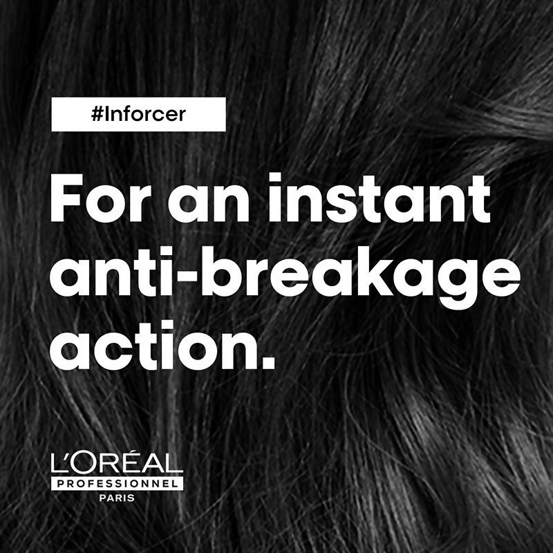 L'Oreal Professionnel Inforcer strengthening shampoo and hair mask duo from Serie Expert, featuring creamy textures and nourishing formulas.
