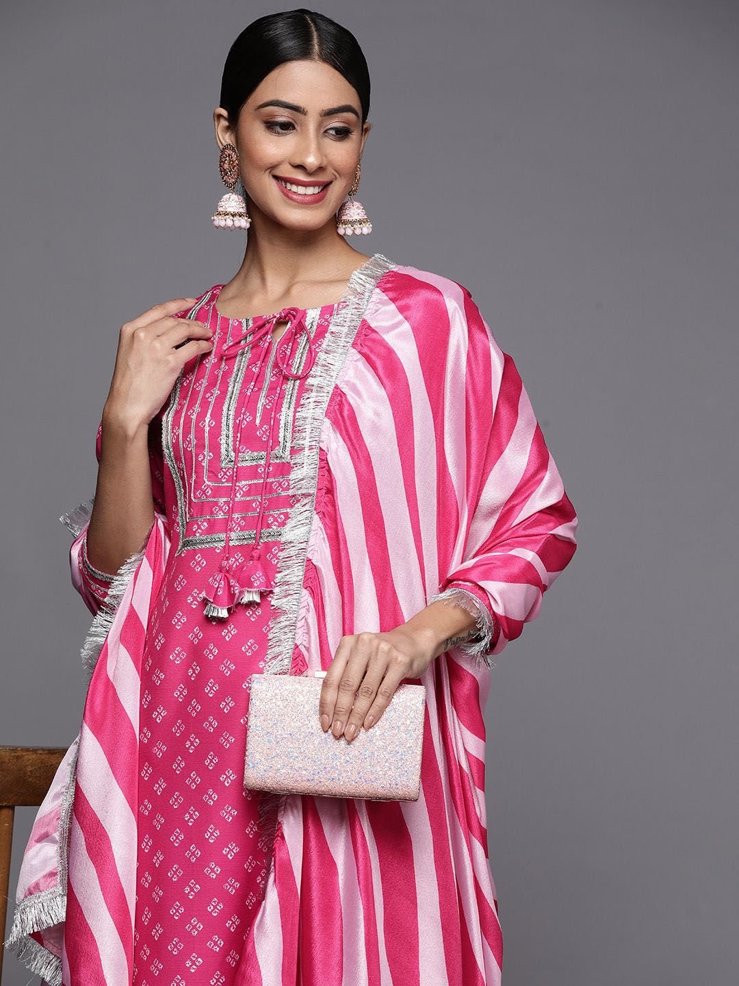 Dhiyona VA Women's Bandhani Printed Regular Thread Work Kurta with Trousers & With Dupatta