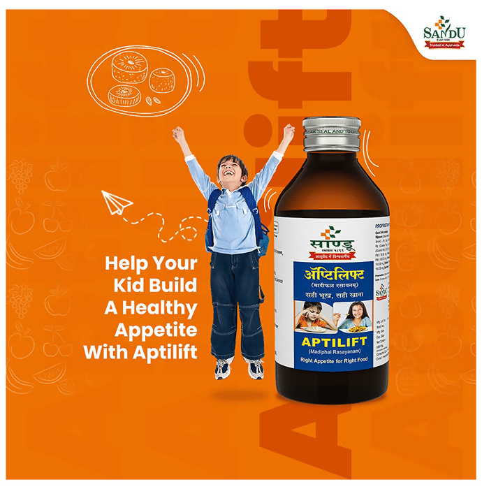 Bottle of Sandu Aptilift Ayurvedic Syrup with herbal ingredients, labeled as Sandu brand, shown in a clear, close-up view.