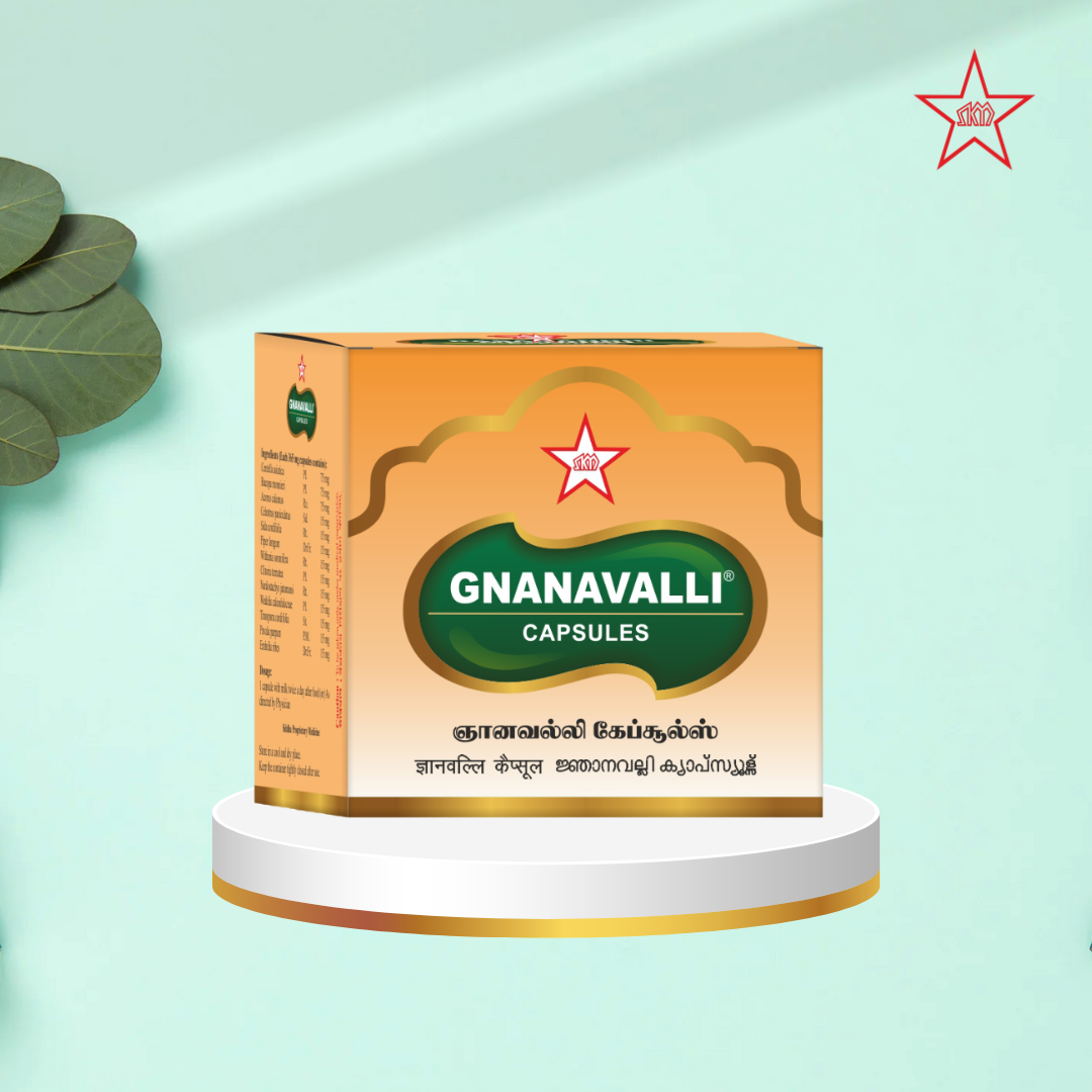 Skm Ayurveda Gnanavalli Ayurvedic capsules in a glass bottle with capsules visible, designed for natural health support.