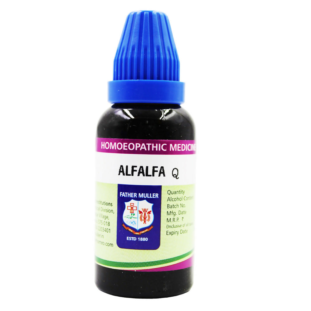 Father Muller Alfalfa Mother Tincture Q bottle, herbal remedy in a dark glass container with label, used for natural health support.