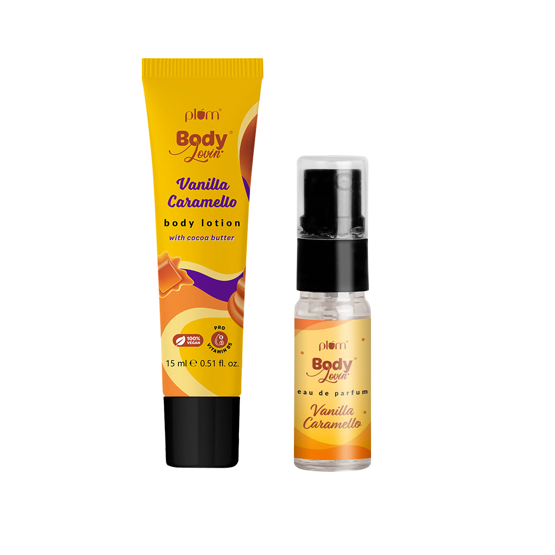 Plum Goodness Viral Vanilla Caramello travel size duo Perfume Body Lotion