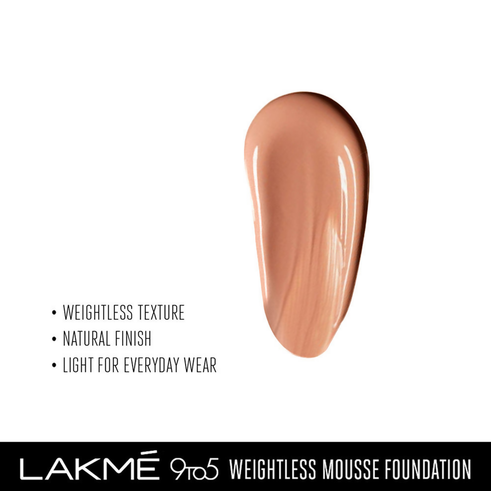 Lakme 9 To 5 Powerplay Mousse Foundation in Rose Honey with smooth, creamy texture and natural finish on skin.