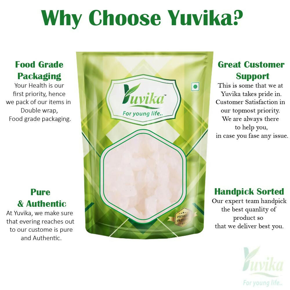 Yuvika Vanslochan Tabashir, natural silicic acid in Ayurvedic product, shown in transparent container with white crystalline substance.