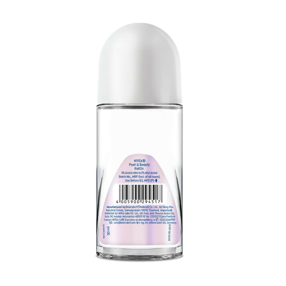 Nivea Pearl and Beauty Deo Roll-On with pearl extracts and avocado oil, designed for smooth, beautiful underarms with 48-hour freshness.