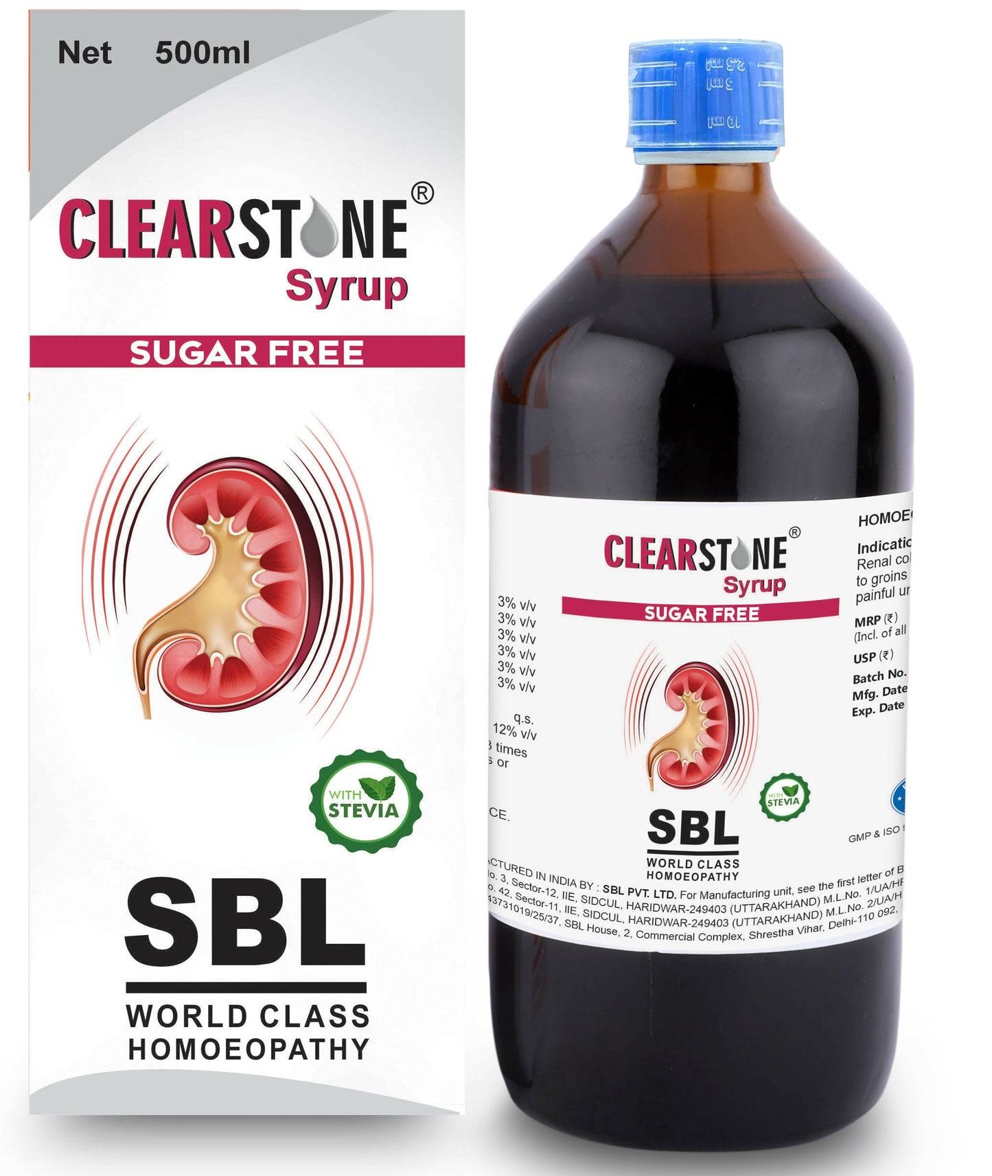 SBL Homeopathy Clearstone Sugar-Free Ayurvedic Syrup in a glass bottle with a label, featuring natural ingredients in the background.