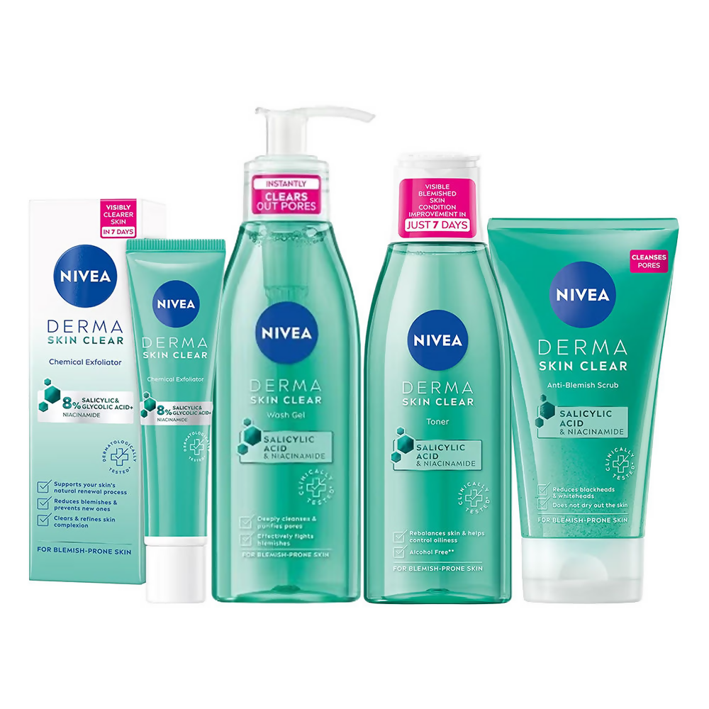 Nivea Derma Skin Clear face toner in a clear bottle with a blue cap, designed for skin refreshment and clarity.